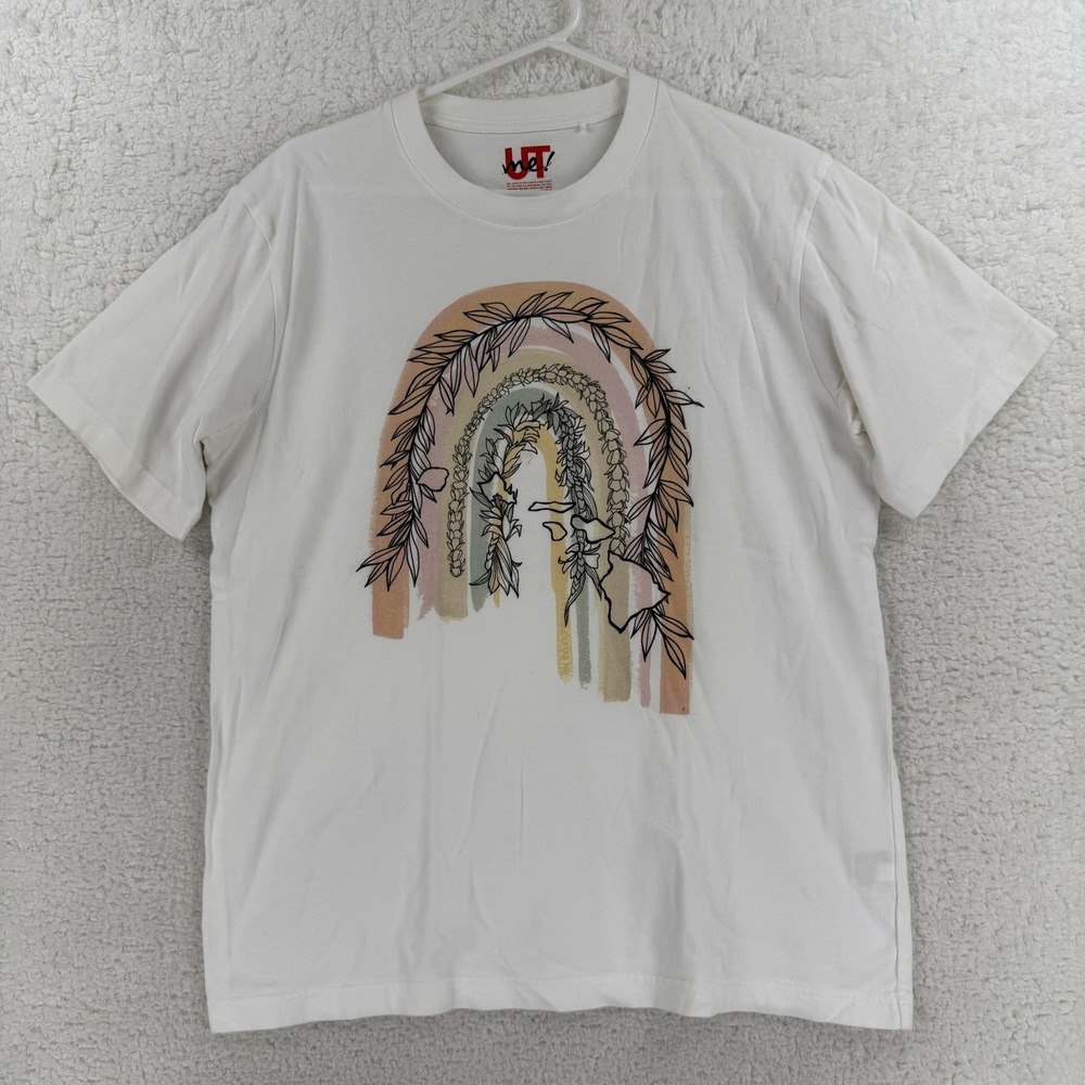 Uniqlo UT Me Shirt Mens Medium White Rainbow Leaf Nature Graphic Tee Hawaiian